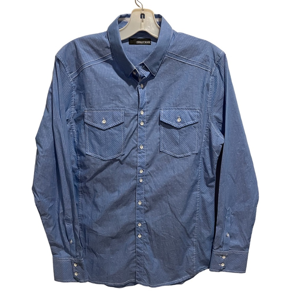 Buckle Black brand blue button down shirt with white stripes and diamonds